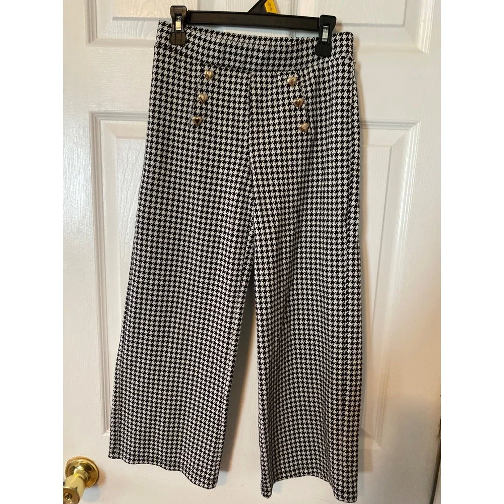 Old Navy Girls Houndstooth Wide Leg Pants Black White Gold Heart Buttons L 10-12